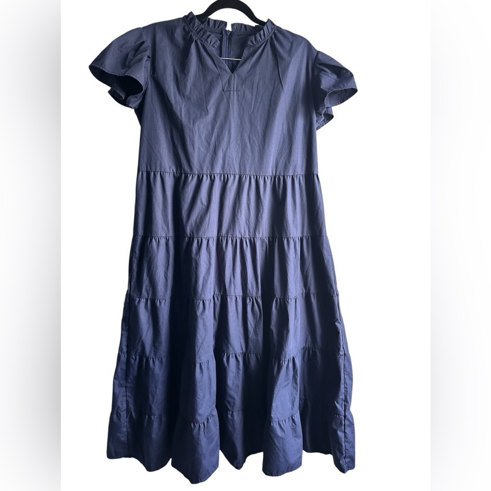 Charming tiered flutter sleeve v-neck blue midi dress cottage core Size XL
